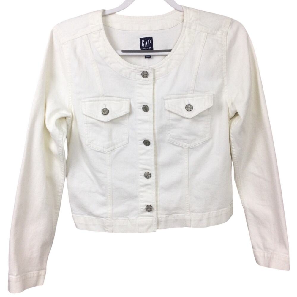 Gap Denim Jacket Women's M Cropped Collarless Button Down Flap Pockets Cream